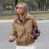 Jaqueta Bomber Marrom Retrô Transfronteiriça Cor de Café para Mulheres Inverno 2025 Moda Solta Europeia e Americana Jaqueta de Camurça com Lapela