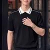 Suéter masculino direto da fábrica em estilo old money, coleção primavera-verão 2026, solto e versátil, camiseta de tricô de manga curta com gola de lapela para casais