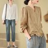 Moda Feminina Plus Size Gordo mm 2024 Primavera Novo Design Cordão Decote V Elegante Simples Camisa Manga Longa Top Roupas