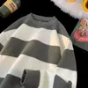 Suéter Masculino Gola Redonda Listras Largas Inverno Bloco de Cores Listrado Masculino Adolescente Estilo Preguiçoso Tricô Casual