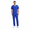 94% Fibra de Poliéster + 6% Elastano Uniforme de Trabajo de Manga Corta con Cuello en V para Doctor Conjunto de Dos Piezas para Hombre Spa Belleza