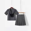 Comercio exterior transfronterizo, con servicio postventa, conjunto auténtico JK de dos piezas en color gris, uniforme escolar JK estilo marinero, falda plisada, falda de color liso