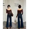 Calça jeans flare bordada azul requintada para mulheres, um novo estilo popular de outono, elástica, confortável, modeladora e com corte reto versátil