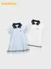 Vestido DUUDUU para Niña 2026 Manga Corta Vestido Infantil Verano Estilo Universitario Bebé Azul Marino Algodón Puro Vestido Plisado