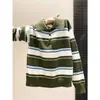 Suéter de tricô listrado com gola V e botões estilo coreano para mulheres, primavera e outono, meio botão, solto, casual, top preguiçoso