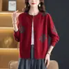 Cardigan de Tricô Feminino Jacquard Novo Primavera/Outono Estilo Pequeno Francês Floral Gola Redonda Curto Suéter Versátil Roupa Externa Feminina