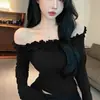 Camiseta Básica Popular de Estilo Francés sin Hombros de Manga Larga Ajustada Estilo Chica Picante Puro Deseo con Volantes