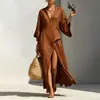 Vestido Casual de Moda de Color Sólido con Cuello en V, Abertura Lateral y Mangas Murciélago, Nuevo Estilo Otoñal Transfronterizo Europeo y Americano 2026