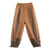 Foto Real de Verano 2025 Literario Retro Suelto Algodón y Lino Diseño de Combinación de Colores Cintura Elástica Casual Pantalones Bombachos Tres Cuartos para Mujer