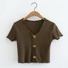 Moda Feminina Europeia e Americana Nova da Primavera Camiseta Curta de Três Botões com Decote em V Justa Mostrando o Umbigo Top C4908