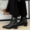 Botines de tacón cuadrado con hebilla de cuero gris, nuevo estilo 2025, de gamuza para mujer, versátiles, cómodos, de punta cuadrada, con tacón grueso