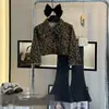 Conjunto de Ropa de Otoño para Niñas 2026 Nuevo Elegante Chic Chaqueta con Estampado de Leopardo Estilo Coreano Pantalones Acampanados Ajustados de Mezclilla Conjunto de Dos Piezas