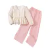 Comercio Exterior Ropa Infantil Primavera Nueva Moda Dulce y Elegante Cuello en V Encaje Ganchillo Manga Larga Top y Pantalones Conjunto para Niñas