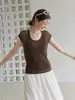 Camiseta de Manga Corta para Mujer, Estilo Americano, Falso Dos Piezas, Cuello en V, Color Merade, Nueva Llegada de Verano, Diseño de Nicho, Ajuste Ceñido
