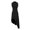 Vestido asimétrico sin mangas de cuello semi-alto puramente seductor, nuevo estilo de otoño, entallado en la cintura, ceñido, elegante, vestido largo de color liso