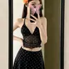 Traje de baño de dos piezas de malla con lunares retro estilo coreano, sexy con tirantes, cintura alta, falda corta adelgazante, puro deseo, para resort, aguas termales, para mujer