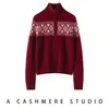 Suéter de punto de cuello medio en rojo con jacquard de bloques de color Fair Isle, cárdigan bordado de cachemira, versátil y cálido para mujer