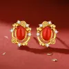 Pendientes Originales de Ágata Roja Atractores de Fortuna para Mujer Chapados en Plata de Ley Oro de 18K Retro Nuevo Pendientes de Moneda Lingote Chinoiserie