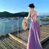 Vestido Morado Sin Mangas con Cuello Halter Espalda Descubierta de Atar Fruncido para Vacaciones en la Costa en Hainan, Sanya, Playa de Bali para Mujeres