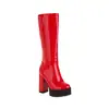 Botas femininas de outono e inverno estilo europeu e americano para boate, botas femininas de cano alto com plataforma de couro envernizado e salto grosso, dropshipping transfronteiriço