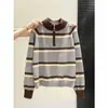 Suéter Pulóver de Bloques de Color Rayado de Media Cremallera Suelto para Mujer, Otoño/Invierno, Cuello Semi Alto, Holgado, Relajado, Top de Punto Versátil