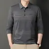 Camiseta de manga larga de primavera para hombre con cuello, ropa para hombres de mediana edad y mayores, top con bolsillo real, polo a rayas
