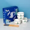 Juego de Vajilla Creativa de Cerámica Azul y Blanco Estilo Japonés Tazones y Palillos Juego de Tazón y Plato Bol de Regalo Propicio Bol de Cerámica para Uso Doméstico