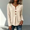 Amazon Ropa de mujer transfronteriza europea y americana 2026 otoño nuevo top de manga larga de color liso con cuello en V, fruncido, abotonado, de corte holgado para mujer
