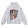 Moletom Preto Lavado Vintage com Estampa, Caimento Solto, Tamanho Grande, Estilo Anime Japonês, Peça de Outono/Inverno, Moletom Gola Redonda, Moletom com Capuz