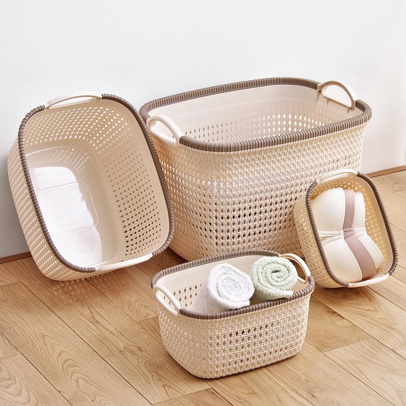 塑料仿藤编收纳筐零食玩具置物框家用衣服杂物整理桌面收纳篮批发