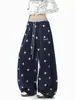 Calças largas de cintura alta com cordão e estampa de estrelas estilo americano para mulheres, calças compridas retas folgadas, calças casuais de verão que não expõem as pernas