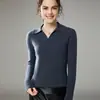Suéter de Malha Feminino Gola Polo Cashmere Outono/Inverno 2026 Suéter Pulôver de Gola V Canelado Camada Base de Malha
