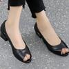 Sandalias de Piel Suave para Mujer Verano Exterior Nuevo Estilo Zapatos de Suela Blanda de una Sola Capa Zapatos con Dedos Descubiertos Huecos de Tacón Medio Tacón Grueso Zapatos de Piel para Mujer