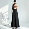 Saia de terno de seda gelada para mulheres, saia de verão de cintura alta emagrecedora com caimento, comprimento médio, linha A, preto e branco