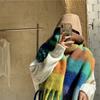 Cachecol de Lã Mohair Xadrez Arco-Íris Doce Feminino Outono e Inverno Imitação de Caxemira ins Europeu e Americano ac Divisão de Cores Xale com Franjas Estudante