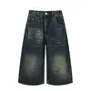 Pantalones Cortos de Mezclilla Desgastados para Hombre, Estilo Punk, Lavados y Desgastados, Aspecto Roto, Shorts Rectos de Pierna Ancha de Moda