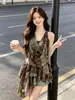 Ruo Xin Verão Garota Quente Estilo Férias Cor Café Alça no Pescoço Estampa Floral Vestido Feminino Design de Gola Ampla Barra Irregular