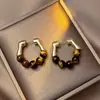 Brincos Trapézio Geométrico com Flocagem e Estampa de Leopardo Agulha de Prata Outono e Inverno Retrô High-End Brincos Versáteis Casuais para Roupas de Trabalho