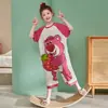 Pijama infantil de uma peça para meninas, verão, algodão, manga curta, à prova de chutes, calça de dormir feminina, saia, mãe e filha, roupa de dois usos