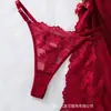 Camisón de encaje rojo, conjunto de lencería sexy de malla transparente con tanga, ropa de estar de alta gama