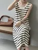 Vestido de tirantes largo de punto a rayas estilo francés Beishan Tongshu, nuevo vestido largo suelto de punto de verano P535