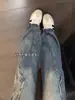 Calça Jeans Diagonal Plissada Curva Estilo Americano Azul para Homens, Calça com Vibe High Street, Calça Reta com Barra Flare Patchwork Cool e Estilosa
