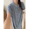 Vestido a cuadros azul en contraste estilo vintage japonés para mujer, verano, cuello a cuadros, holgado, largo, versátil, de manga corta, tipo camisa