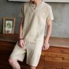 Traje casual de algodón y lino 2023 para hombre, camiseta de manga corta, verano, nuevo, juvenil, color sólido, cuello en V, camiseta, shorts, conjunto de dos piezas