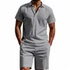 Conjunto casual de verão masculino em algodão e linho de manga curta, esportivo, respirável, conjunto de duas peças de linho leve com gola polo