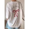 Camiseta Top de Algodón Estilo Coreano Verano Suelta Media Longitud Simple con Lazo Estampada para Niñas Grande de Manga Corta para Mujer