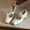 Bailarinas Blancas de Piel de Oveja de Punta Cuadrada Suaves para Mujer, Zapatos Mary Jane de Cuero Genuino con Cordones de Boca Baja que Aumentan la Altura