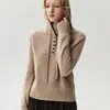 Nuevo suéter con capucha de cachemir estilo perezoso para mujer con tapeta acanalada de media botonadura, capa base adelgazante de punto de lana