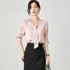 Primavera, Outono, Inverno High-End Rosa Acinzentado Acetato Cetim Decote V Fita Camisa Profissional para Mulheres Traje para o Trabalho Manga Longa Blusa