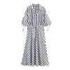 Moda Femenina Casual Suelta con Cinturón y Puños de Raya para Otoño 2026, Estilo Europeo y Americano, Vestido Largo